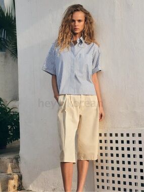 Zara Light Blue and White Striped Short-Sleeve Blouse